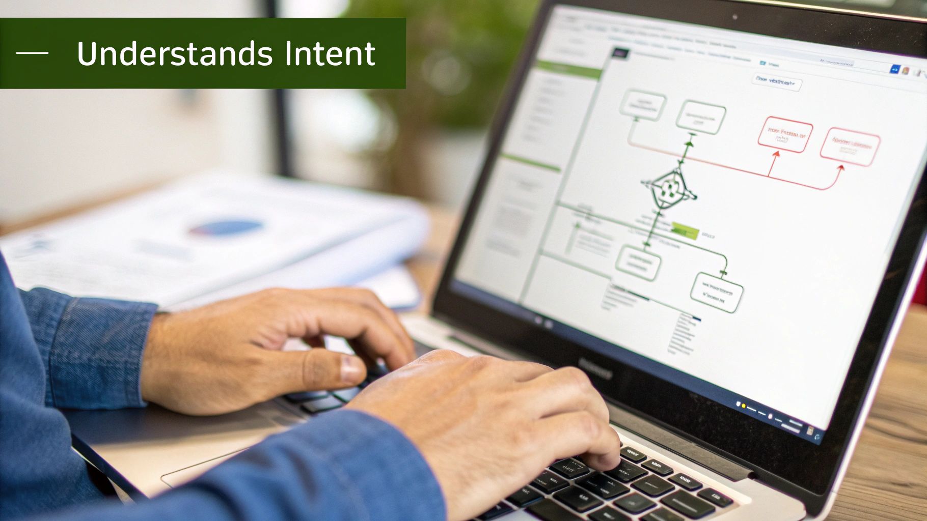 Person working on laptop viewing flowchart diagram showing chatbot intent understanding process