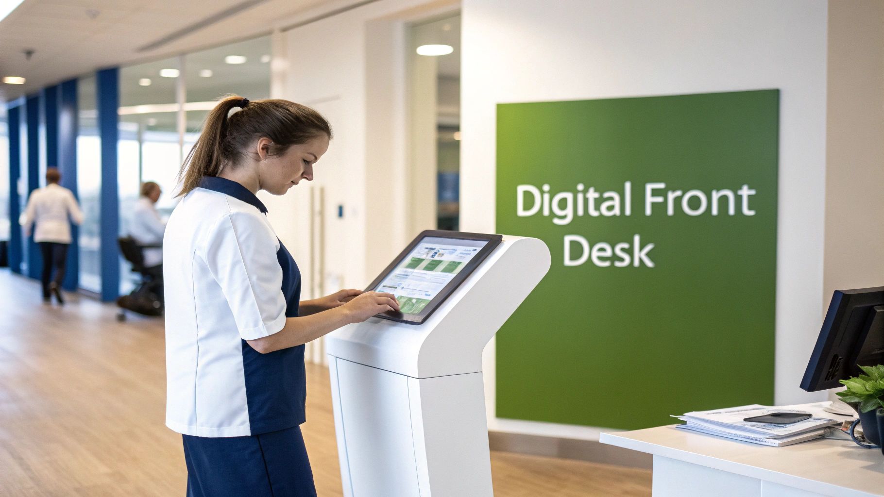 A healthcare professional uses a digital self-service kiosk in a modern clinic or hospital lobby.