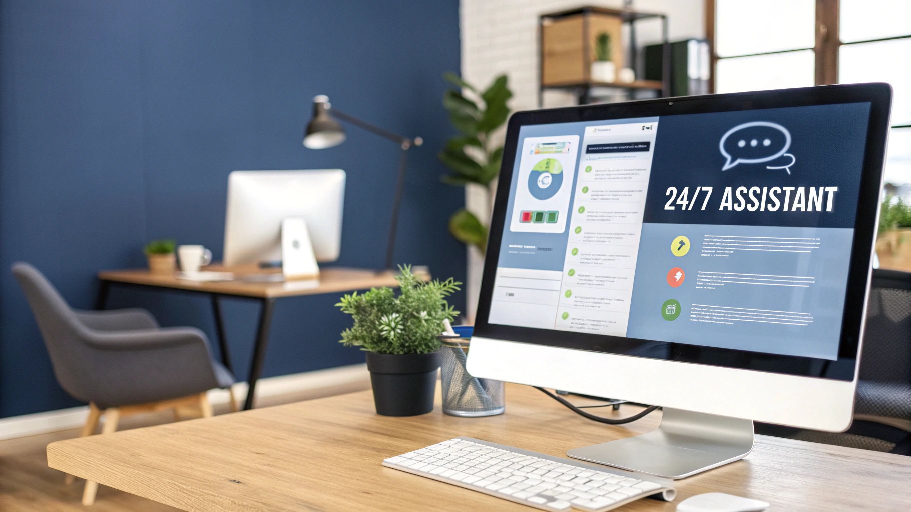 An illustrated chatbot icon working on a laptop, symbolizing an AI employee.