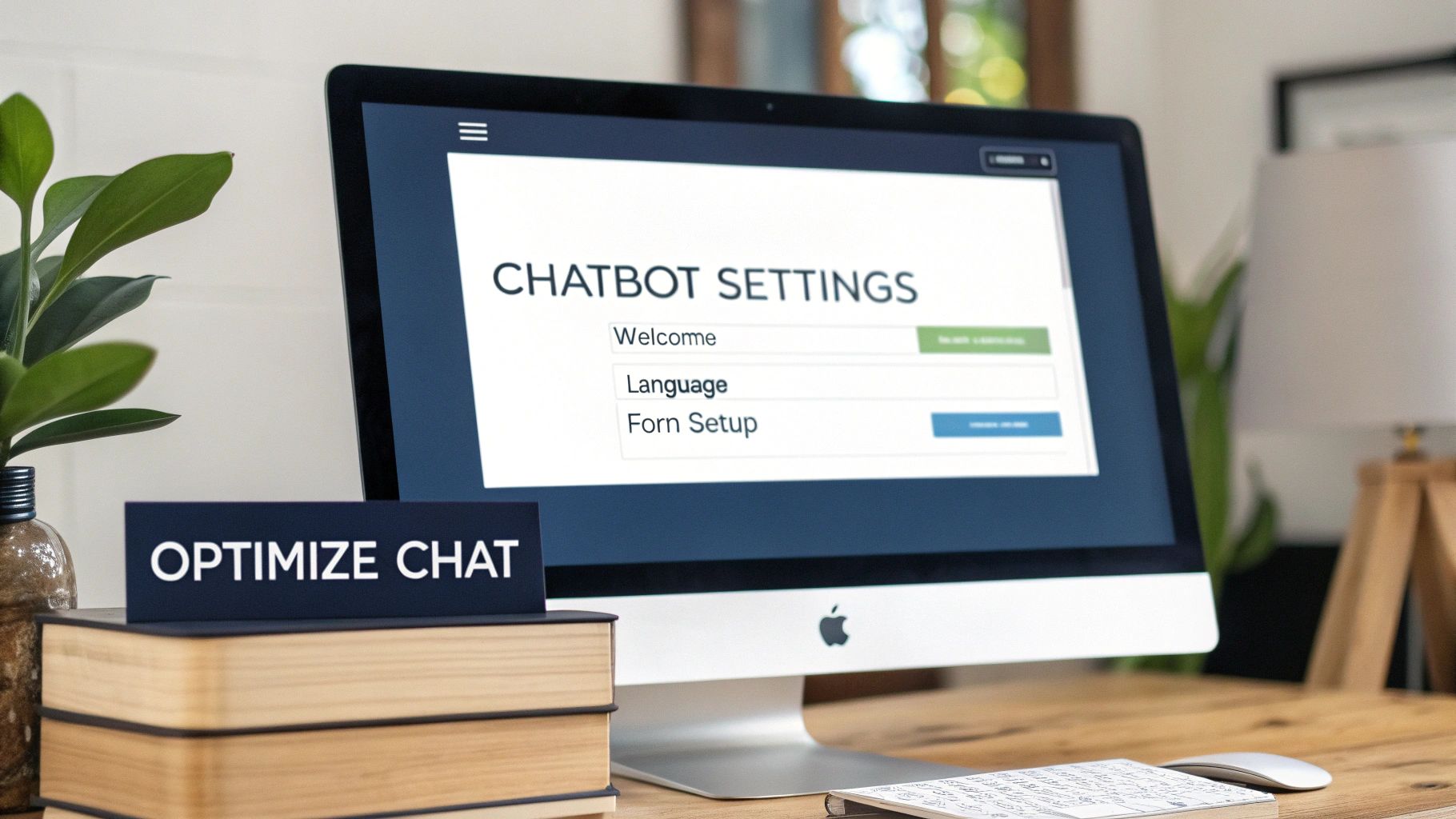 Desktop computer displaying chatbot settings, an 'OPTIMIZE CHAT' sign, and a plant on a wooden desk.