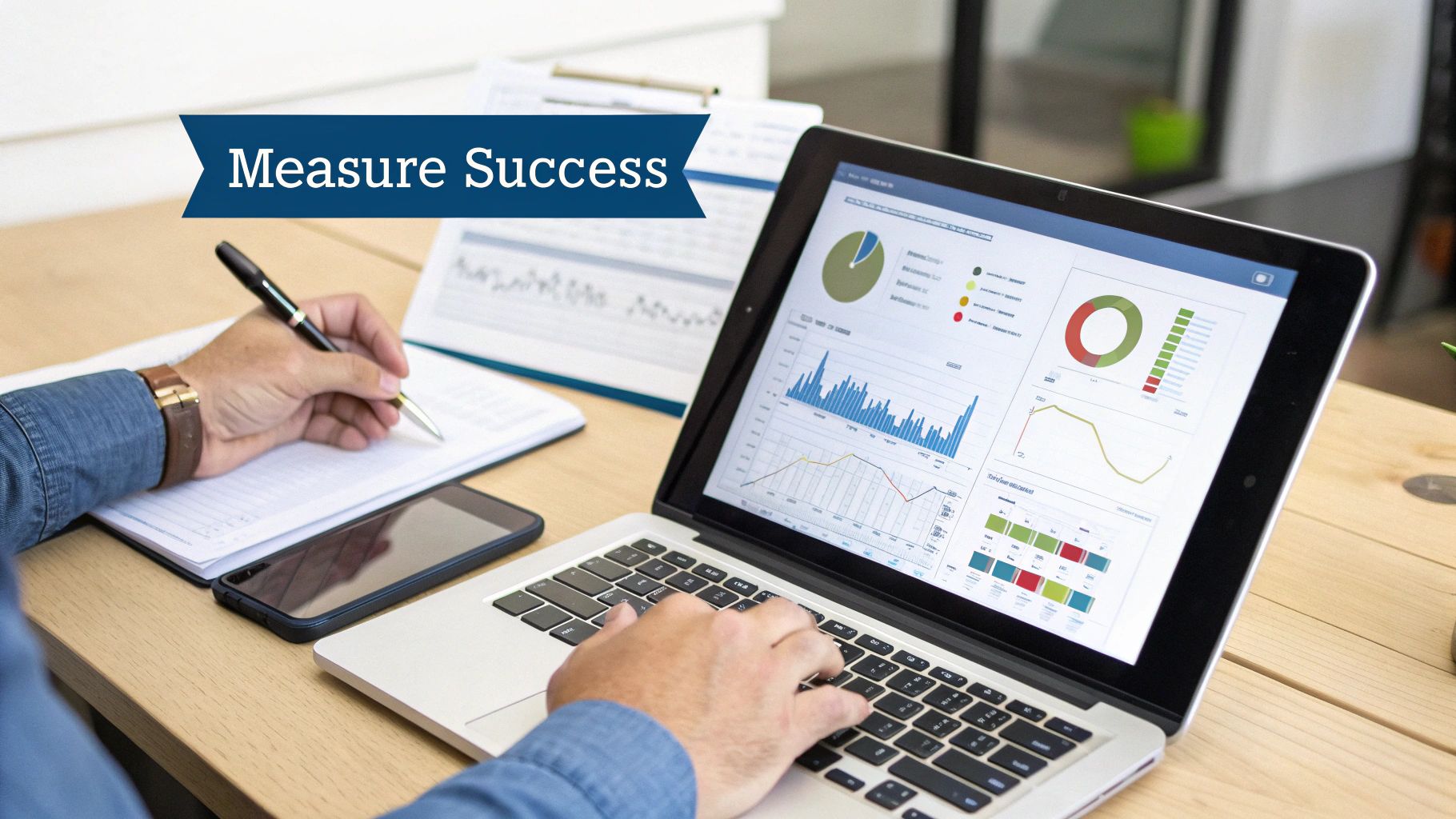 A person analyzing charts and graphs on a digital tablet, with data visualizations in the background, representing the measurement and refinement of a client engagement plan.