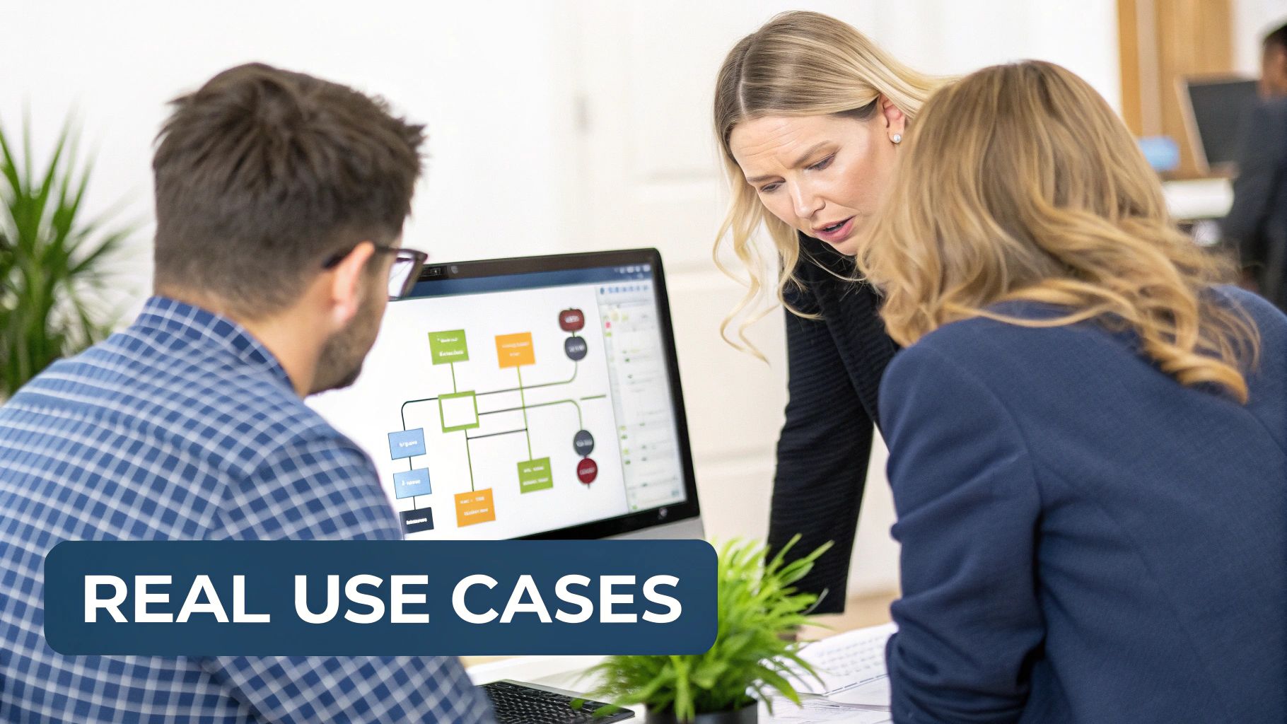 A person interacting with a visual workflow on a screen