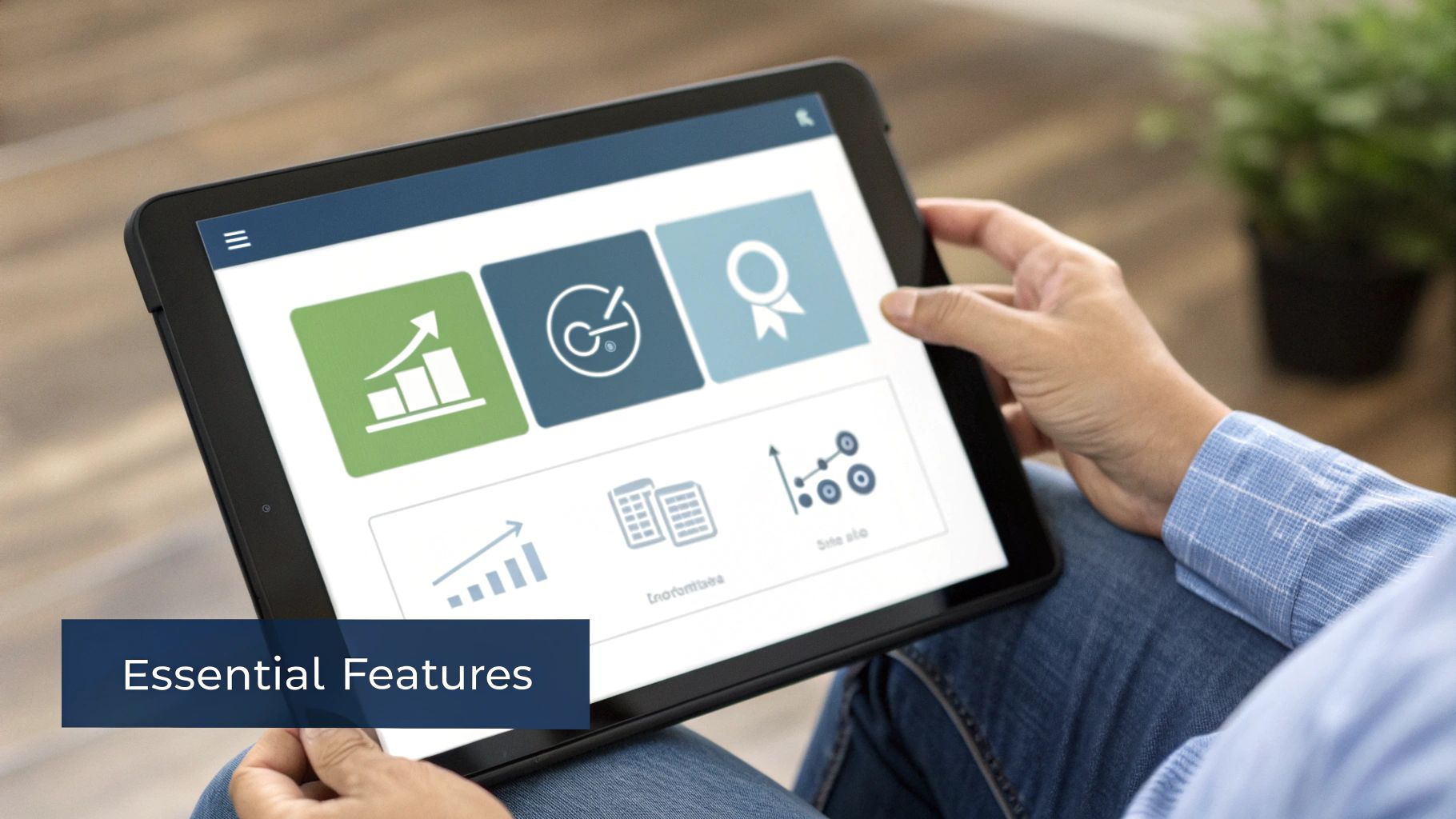 A person holds a tablet displaying a dashboard with icons for analytics, data, and essential business features.