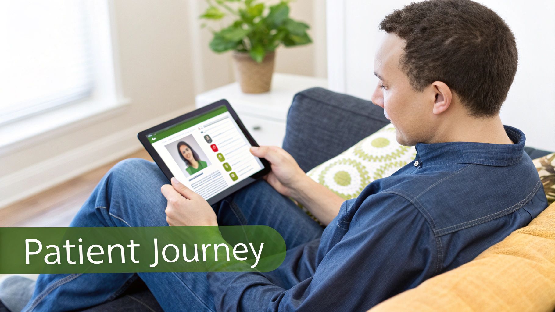 A man on a couch views a patient's profile on a tablet, representing a digital patient journey.