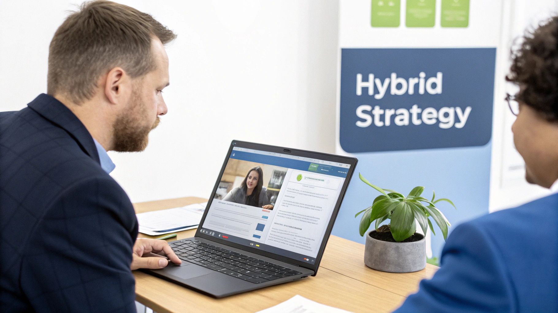 Businessman views a virtual meeting on a laptop with 'Hybrid Strategy' sign in the background.