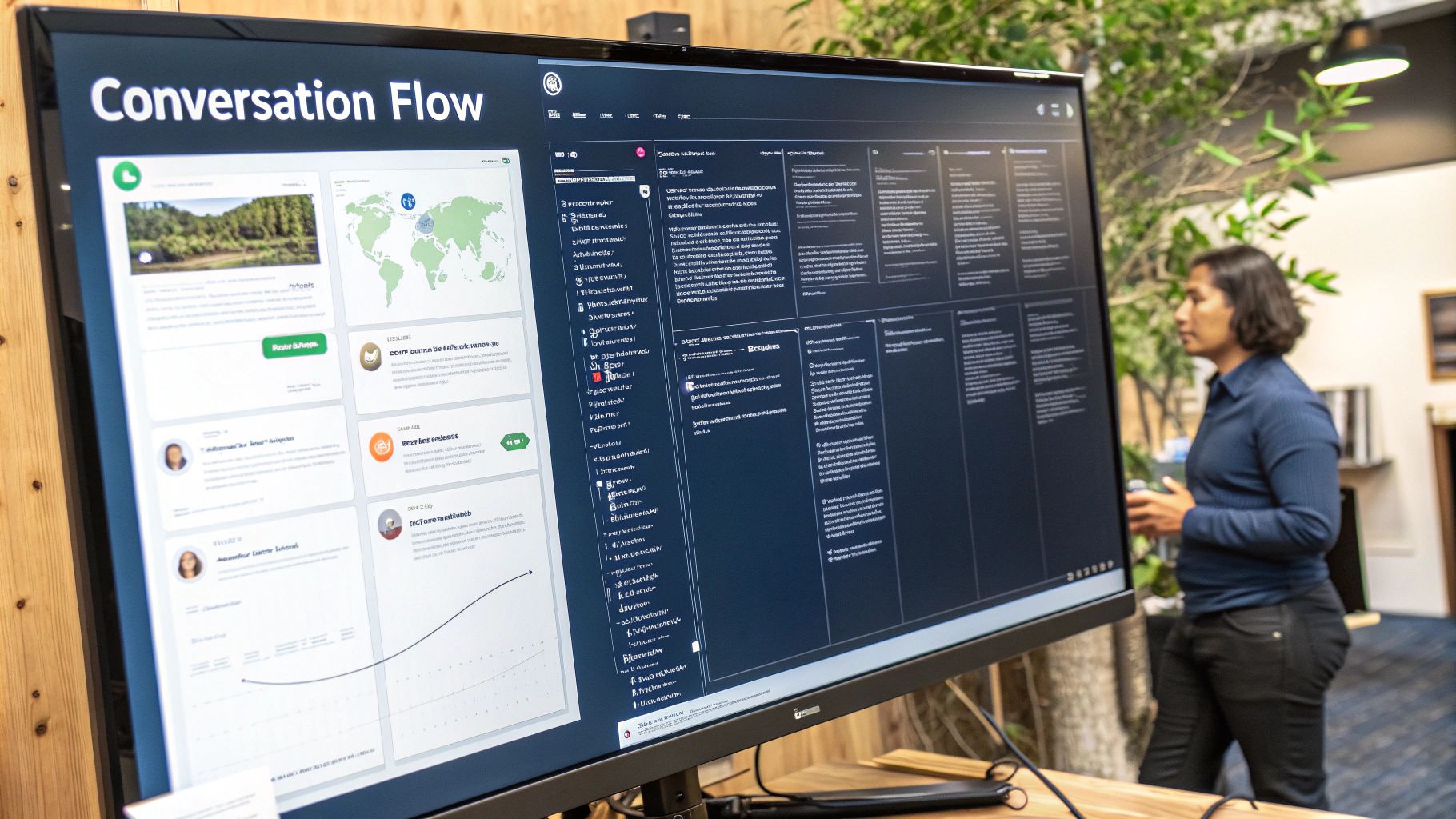 A visual flow diagram showing a chatbot conversation path on a screen