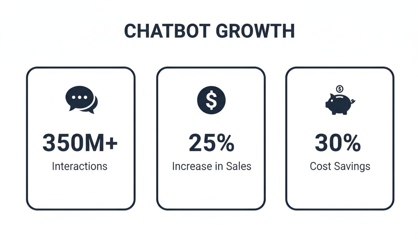 Infographic showing chatbot growth statistics, including 350M+ interactions, 25% sales increase, and 30% cost savings.