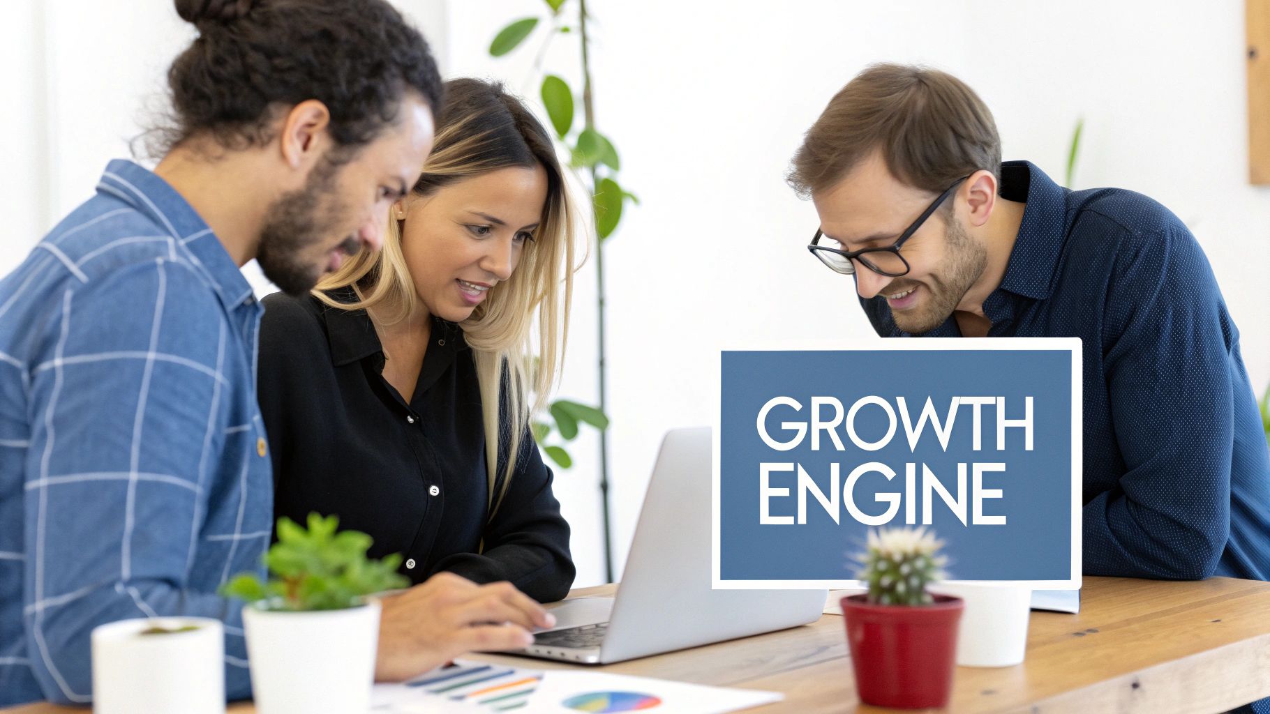 Three diverse colleagues collaborating on a laptop in an office, discussing a 'GROWTH ENGINE' strategy.