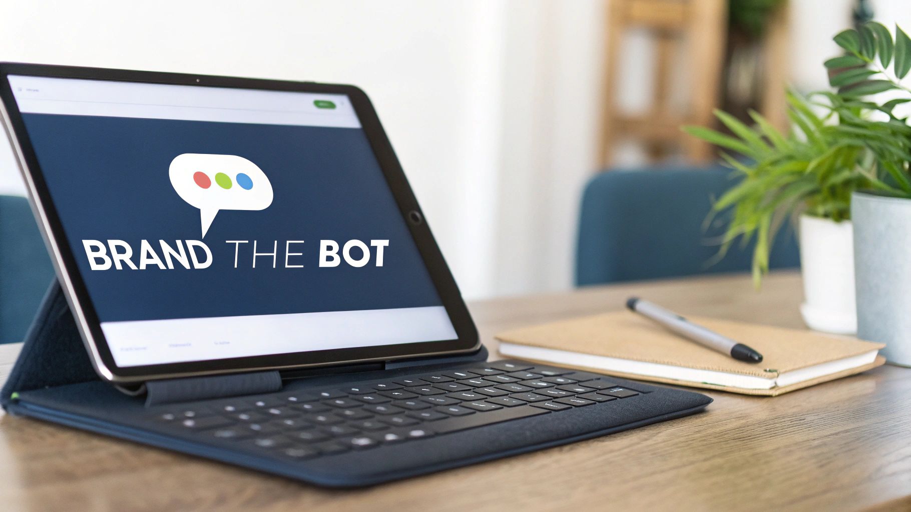 A tablet screen displays 'BRAND THE BOT' with a speech bubble logo on a desk, next to a notebook and pen.