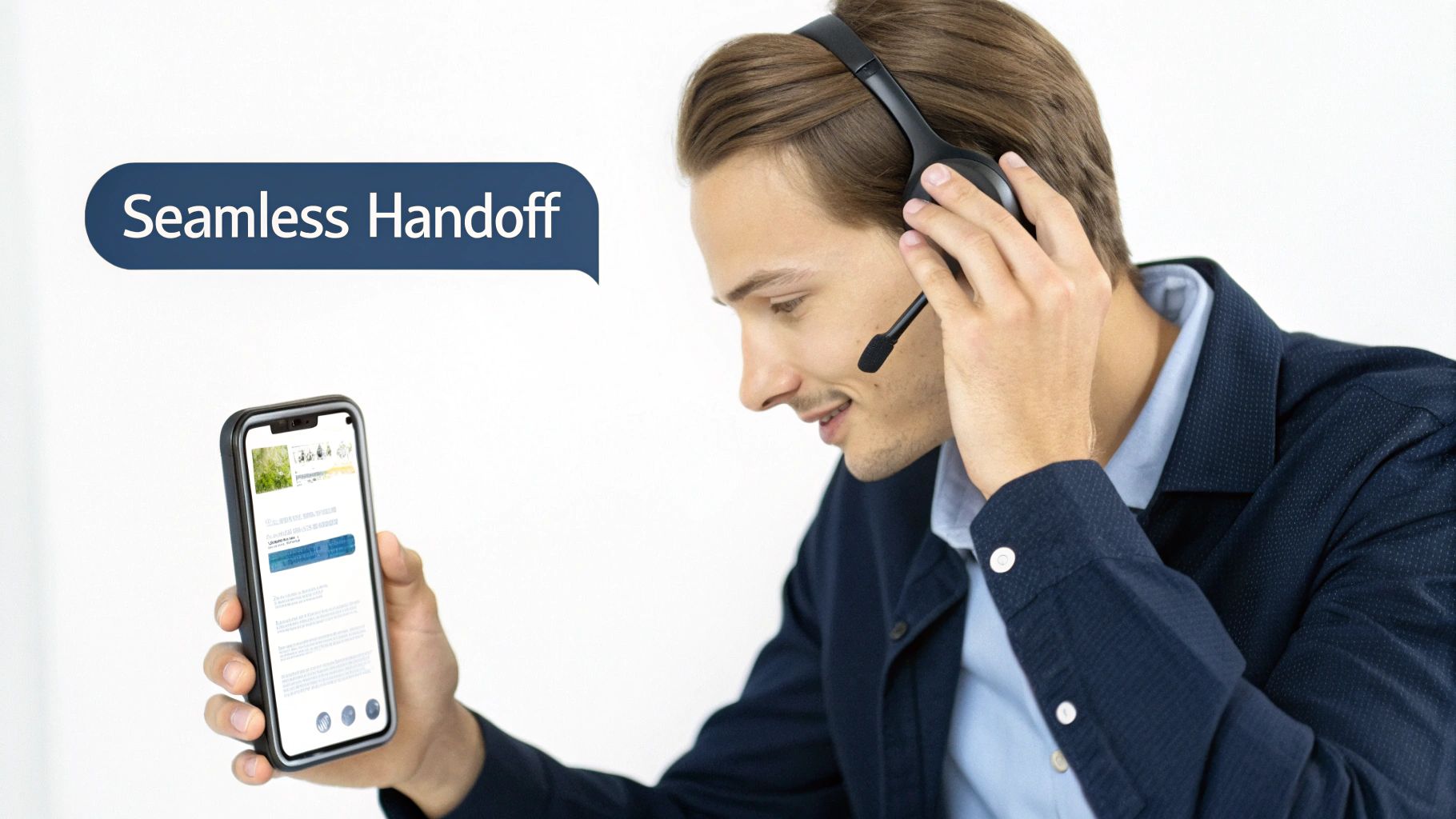 A man wearing a headset looks at a smartphone, indicating seamless communication and handoff.