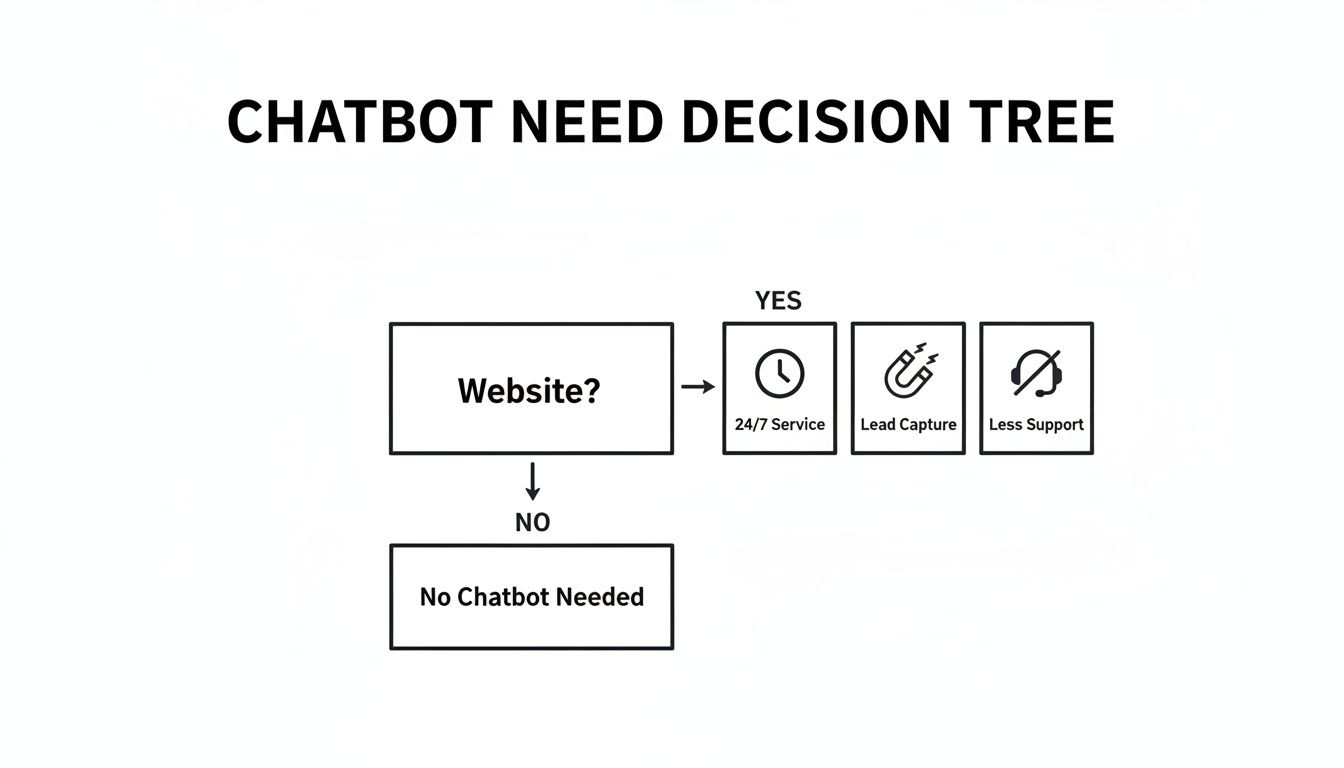 Decision tree diagram illustrating when a chatbot is needed based on website presence and potential benefits.