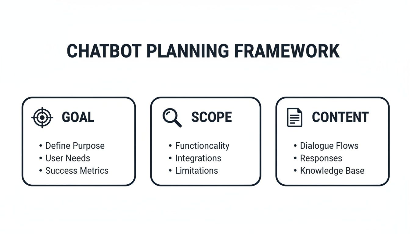 A 'Chatbot Planning Framework' diagram outlining goals, scope, and content for effective chatbot development.