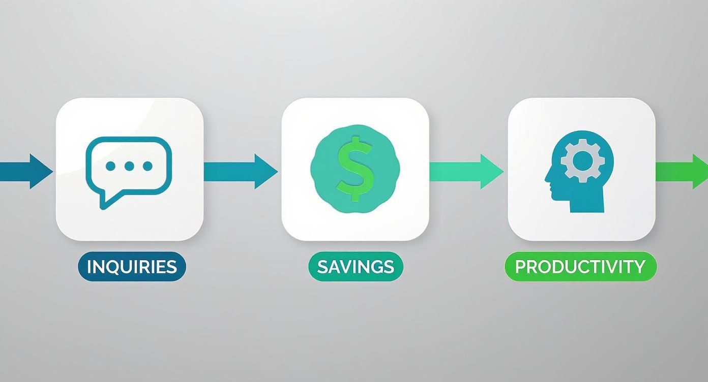 Customer service chatbot workflow showing inquiries leading to savings and increased productivity benefits