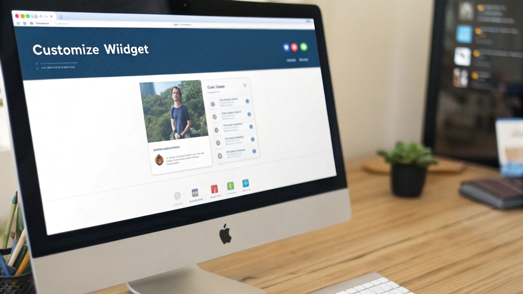 A desktop computer displays a website interface for customizing a widget with a user profile.