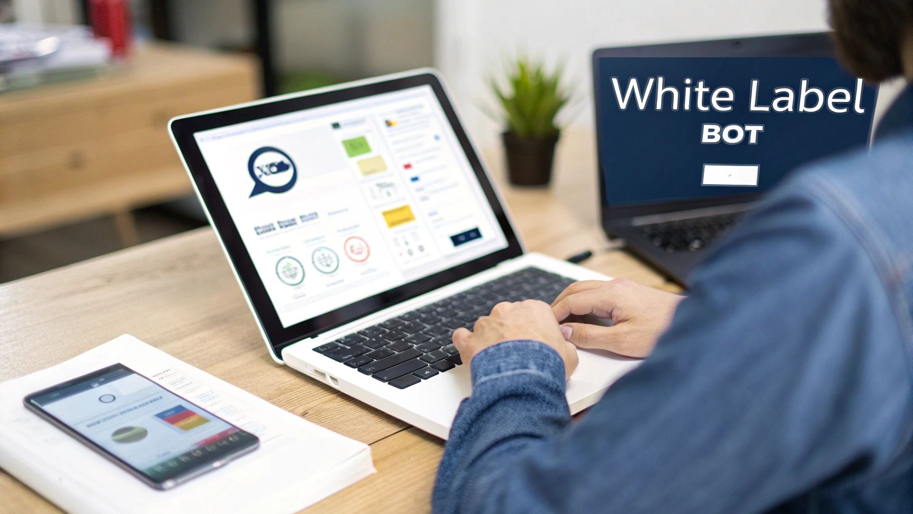A person types on a white laptop, while a black laptop displays 'White Label BOT', with a smartphone and papers on the wooden desk.