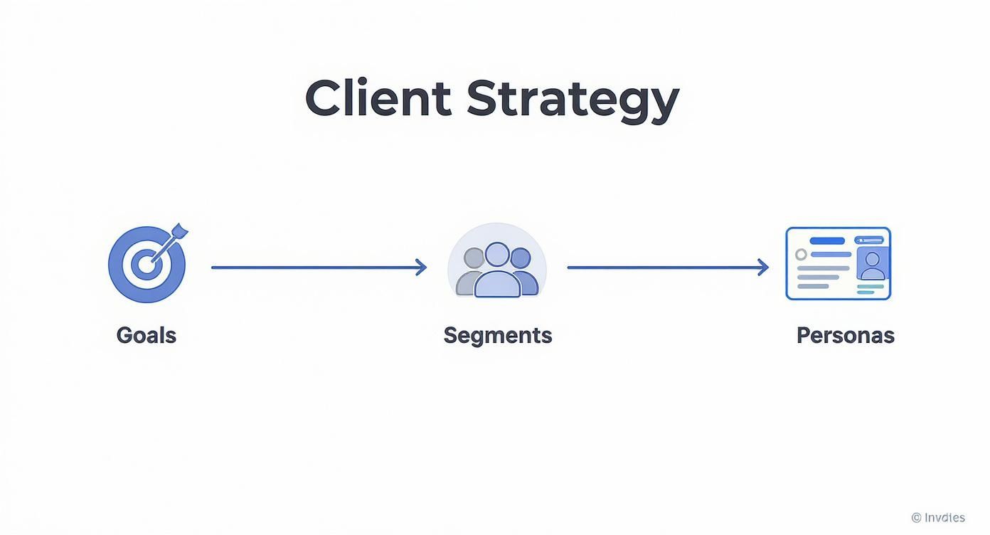 Infographic showing a timeline of client strategy, from setting goals to defining segments and creating personas.