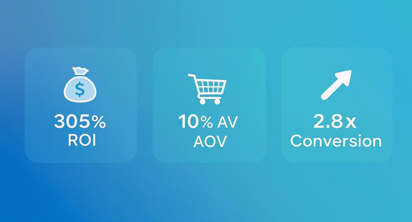 Three blue cards display key business metrics: 305% ROI, 10% AV AOV, and 2.8x Conversion.