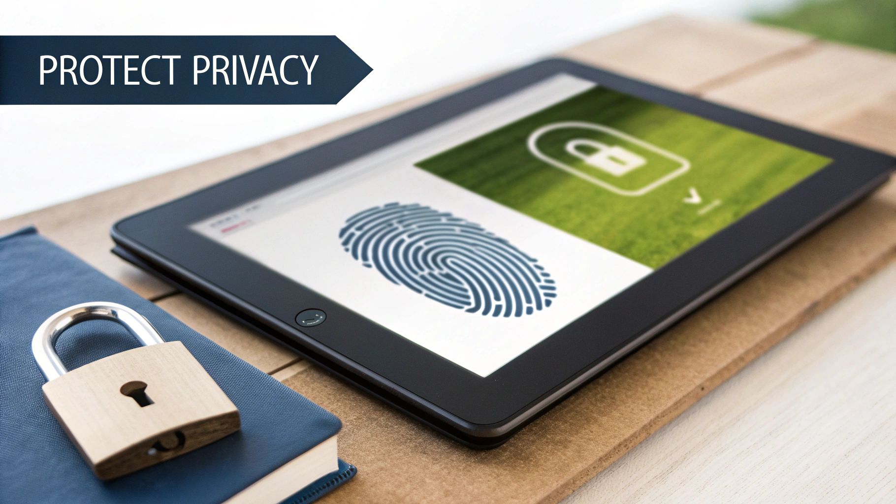 A tablet displays a fingerprint and a lock icon, next to a physical padlock on a book, symbolizing privacy protection.