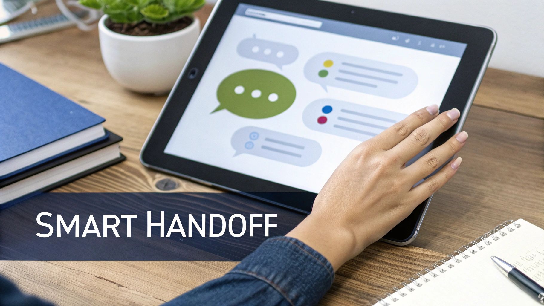 Person using tablet device with chat interface displaying messaging bubbles for customer service communication