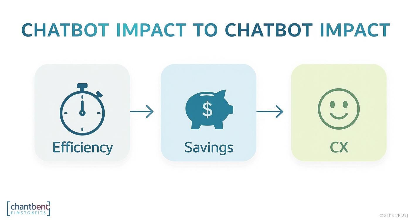 Chatbot impact flow diagram showing efficiency leading to savings and improved customer experience