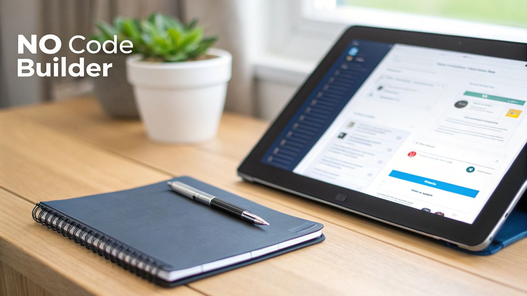 No code builder interface displayed on tablet with notebook and pen on wooden desk
