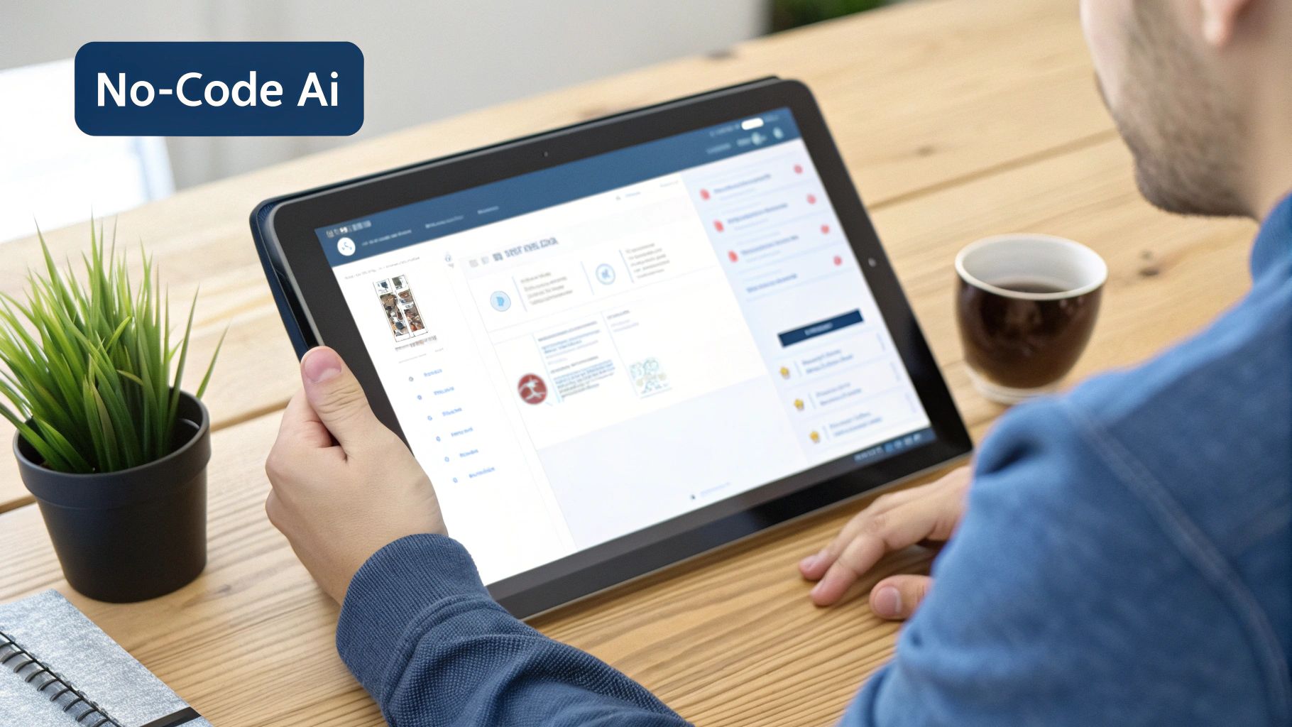 A man uses a tablet displaying a No-Code AI interface on a wooden desk.