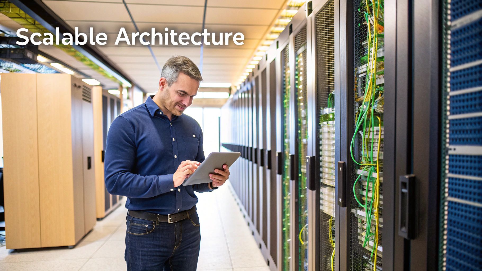 A smiling man in a blue shirt uses a tablet in a data center with server racks, text "Scalable Architecture".