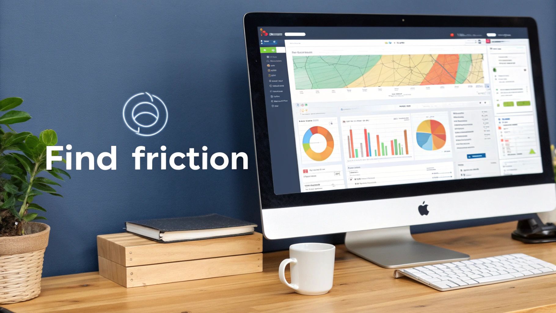 Business analytics dashboard displaying colorful charts and graphs on desktop computer monitor for data analysis