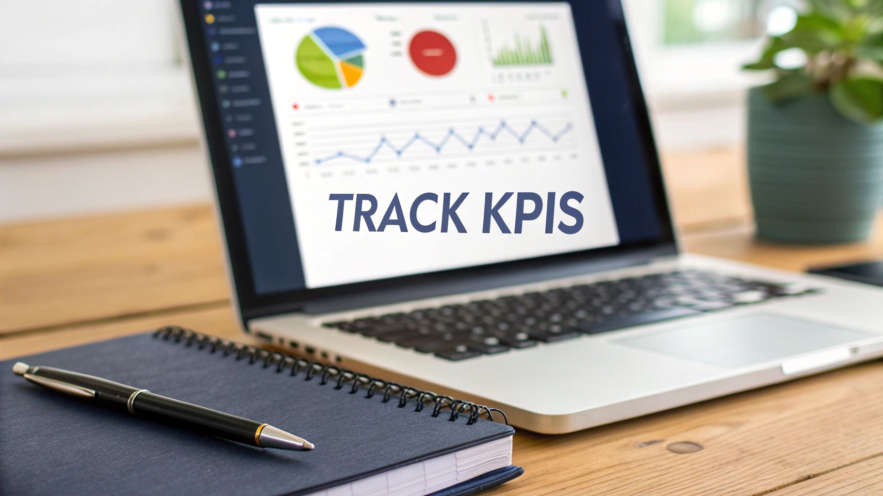 A laptop screen displays a business analytics dashboard with charts and 'TRACK KPIS' text.