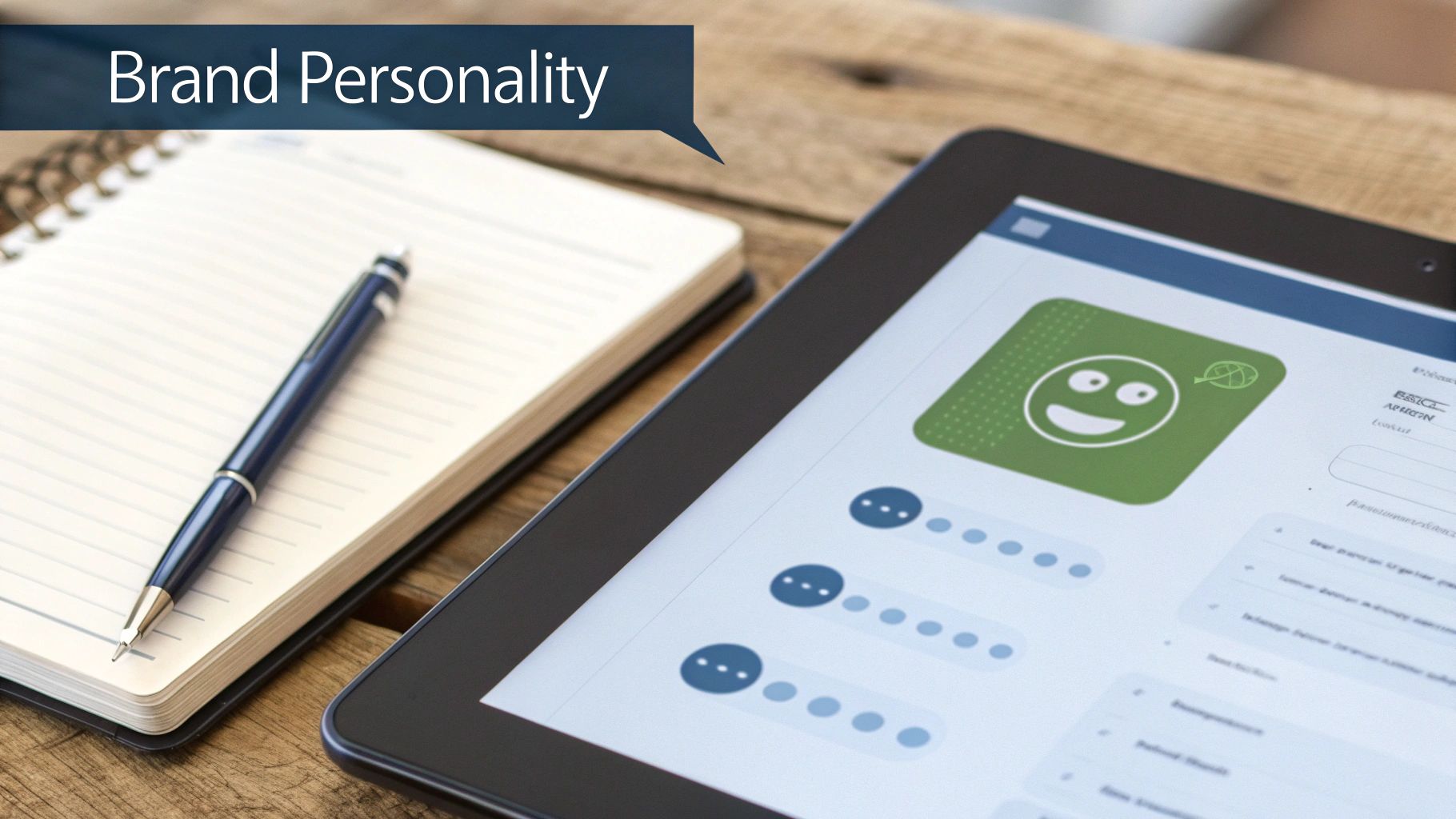 Tablet displaying brand personality assessment with smiley face icon and notebook with pen on desk