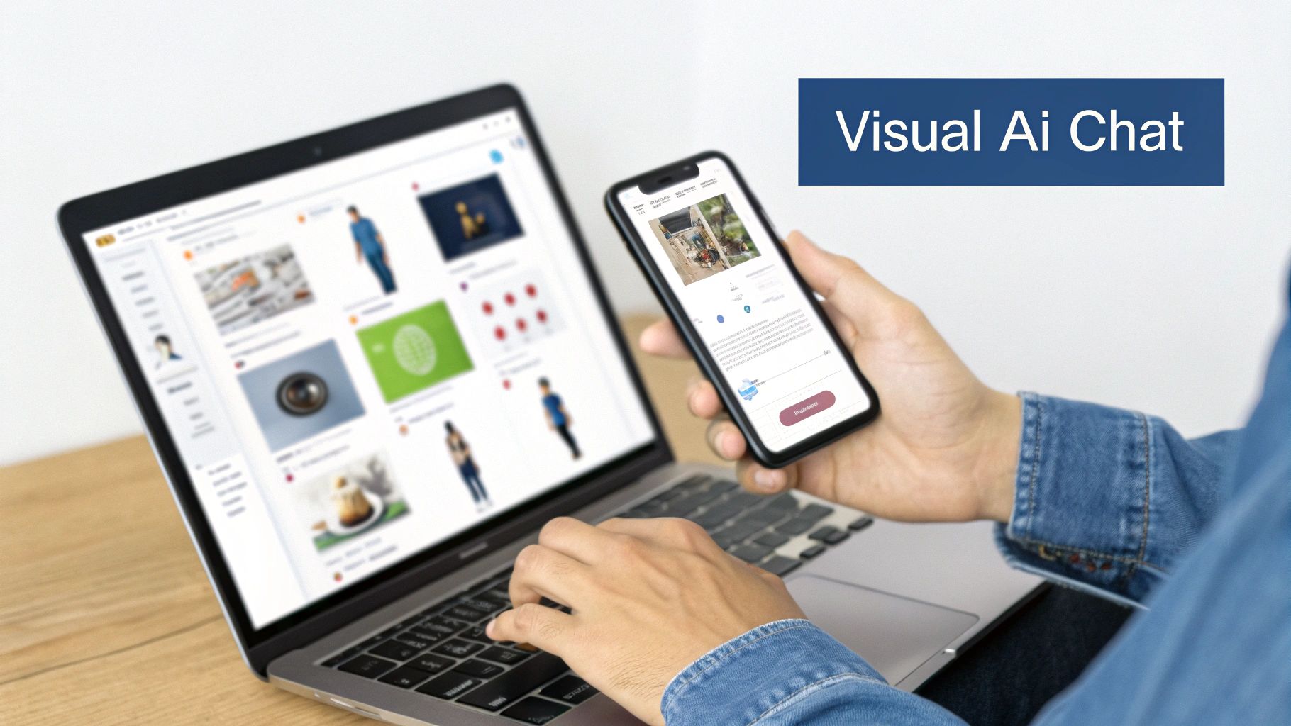 Person using a laptop and smartphone, showcasing a visual AI chat interface with various digital images.