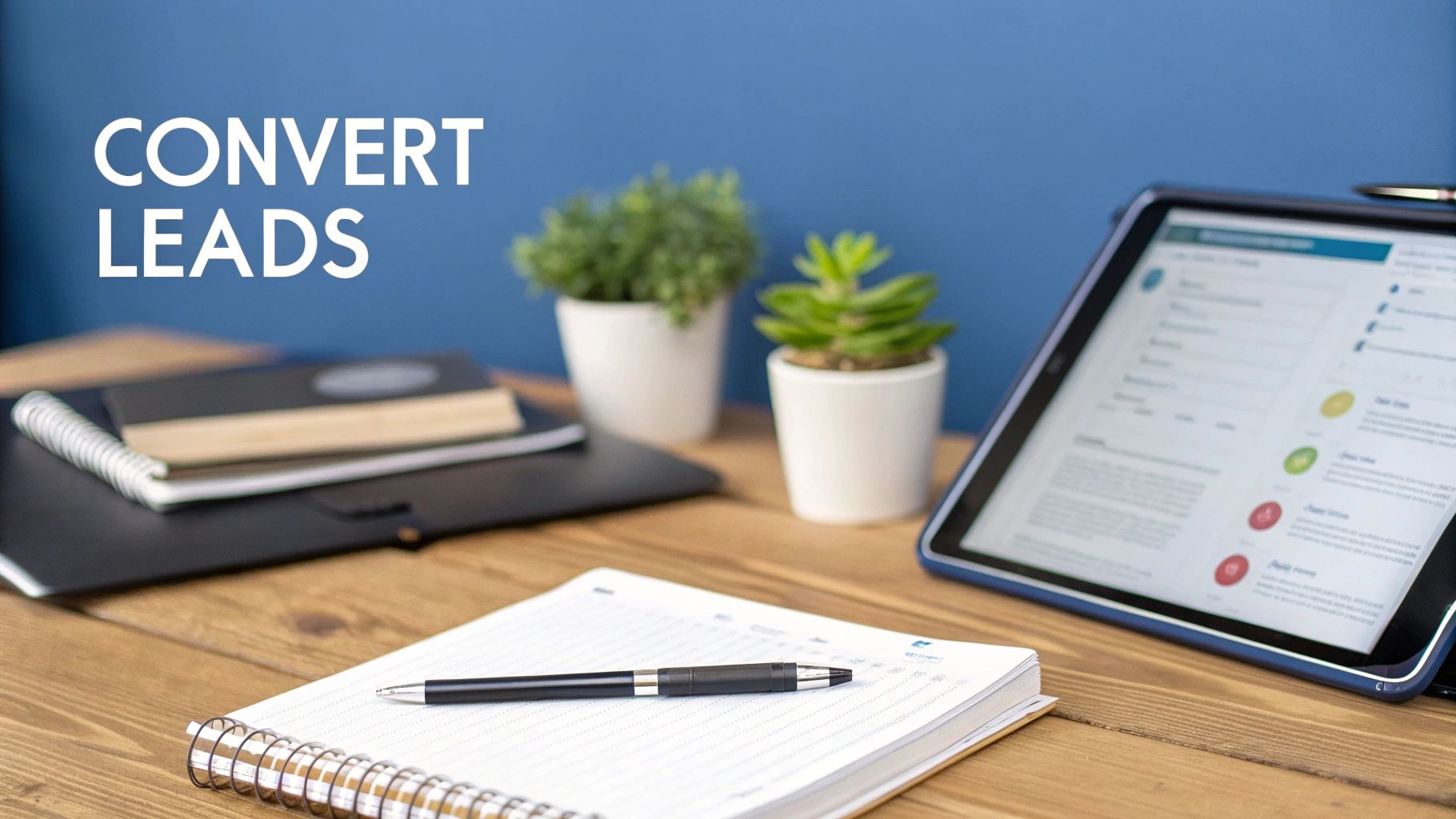 Text 'CONVERT LEADS' over a modern office desk with a tablet, notebook, and plants.