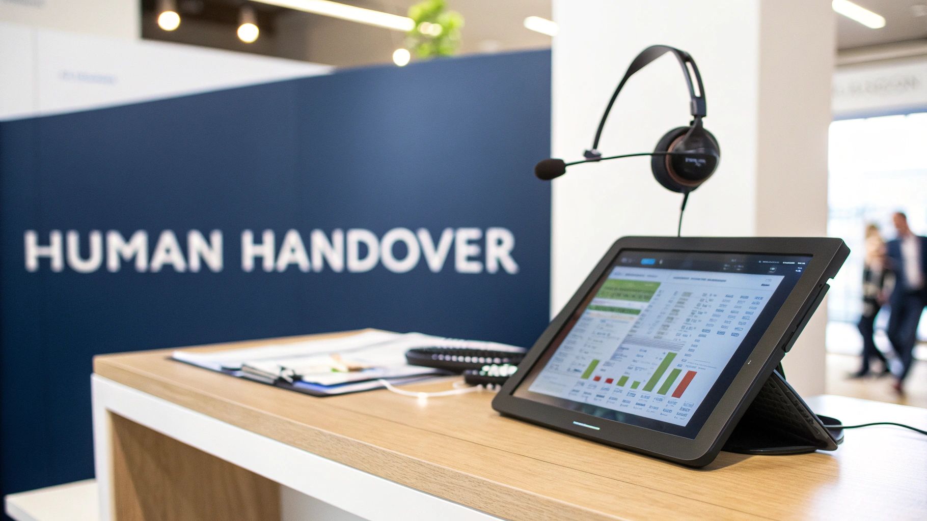 A close-up shot of a smartphone screen showing a well-designed chatbot interface with rich media elements like carousels and images.