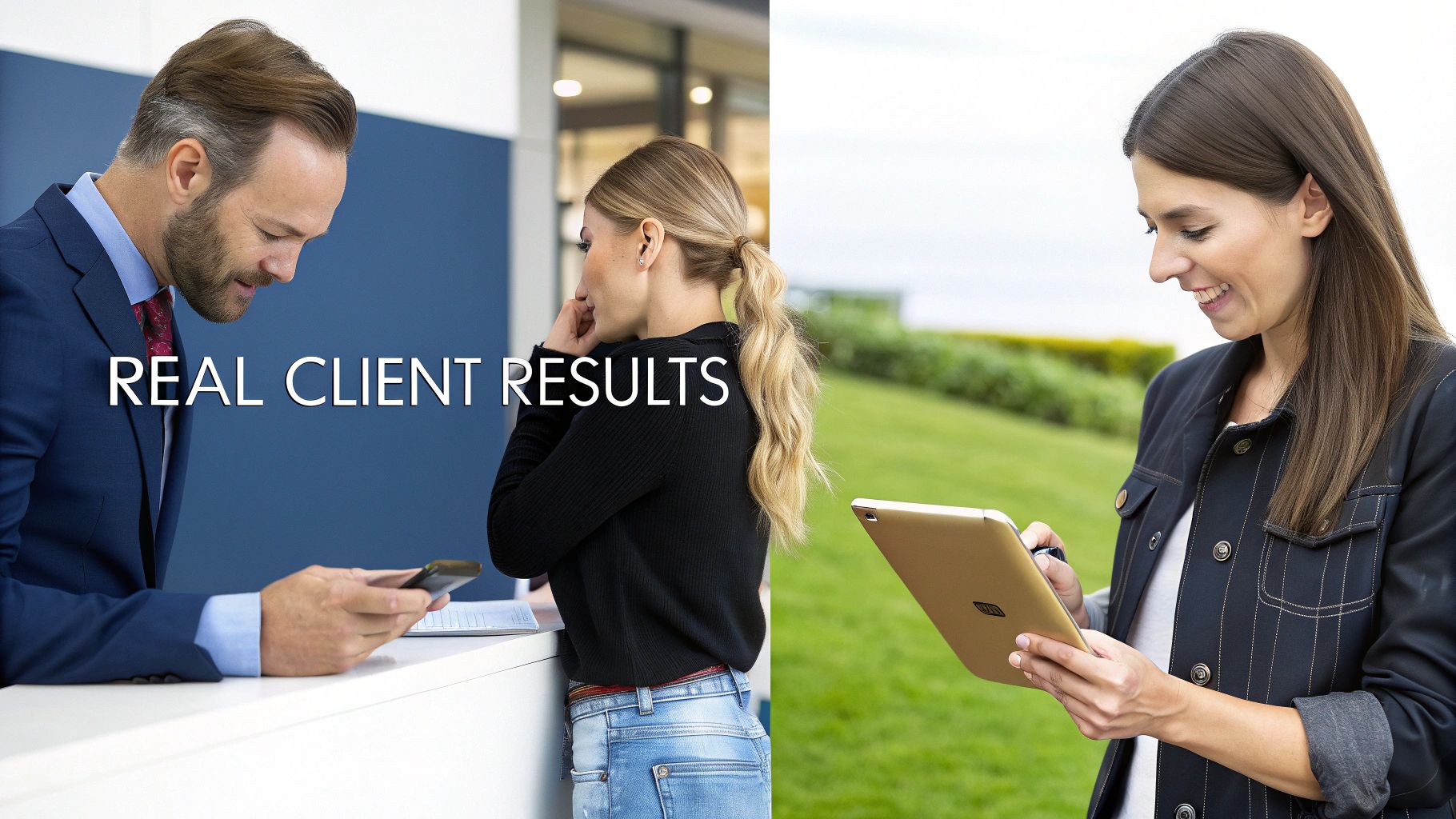 Two business professionals, a man looking at his phone and a smiling woman using a tablet, highlighting real client results.