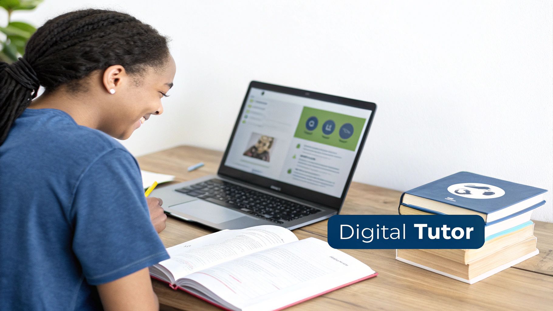 A smiling student with braided hair studies at a desk with a laptop and books.