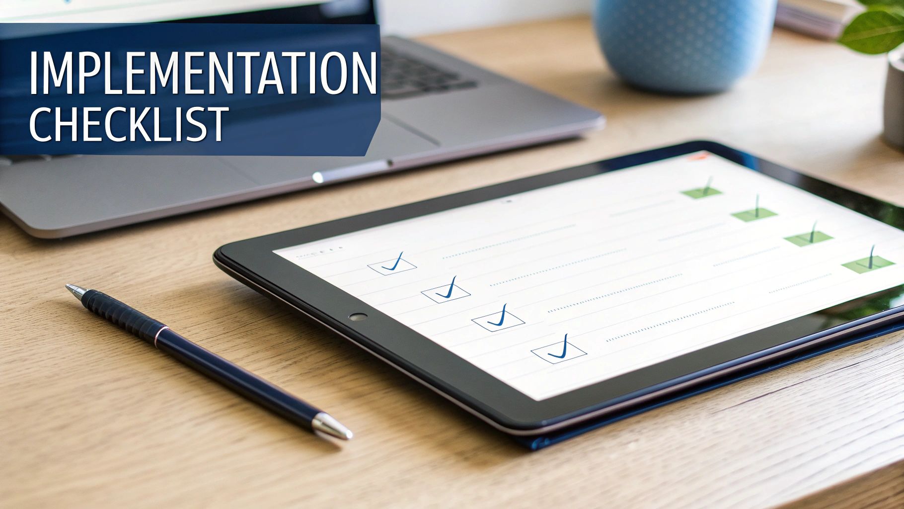 An implementation checklist displayed on a tablet, next to a laptop and a pen on a wooden desk.