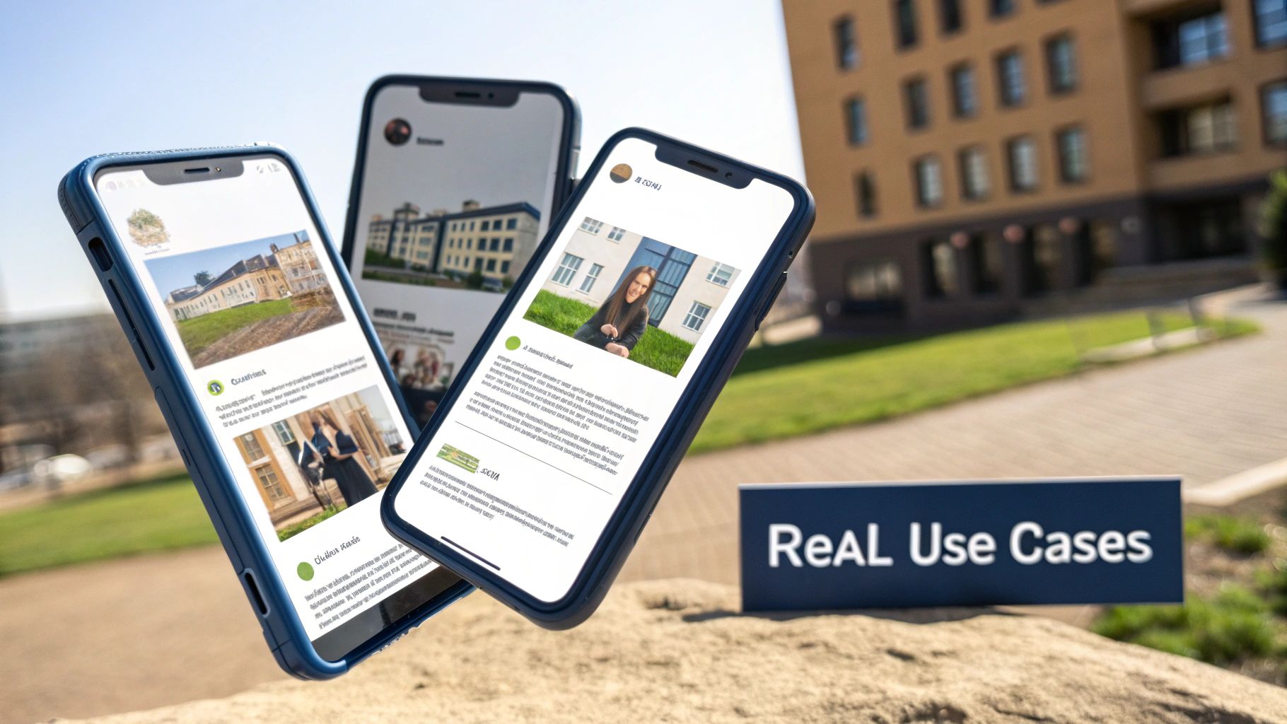 Three smartphones displaying ReAL Use Cases mobile app interface with building backgrounds and green lawn