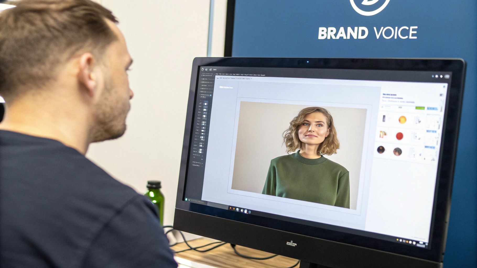 A man uses a computer showing an AI-generated image of a woman, possibly using a no-code builder.