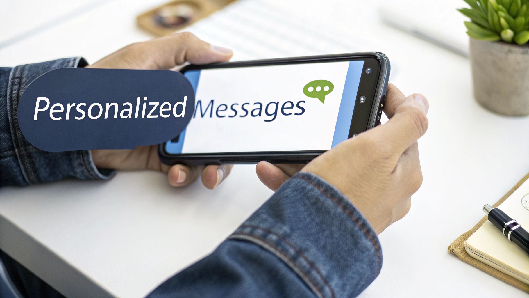 Person holding smartphone displaying 'Personalized Messages' and a speech bubble icon on a desk.