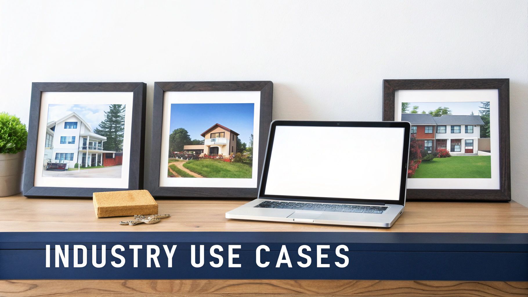 A desk with three framed pictures of houses, a laptop with a blank screen, and a plant, with 'INDUSTRY USE CASES' text.