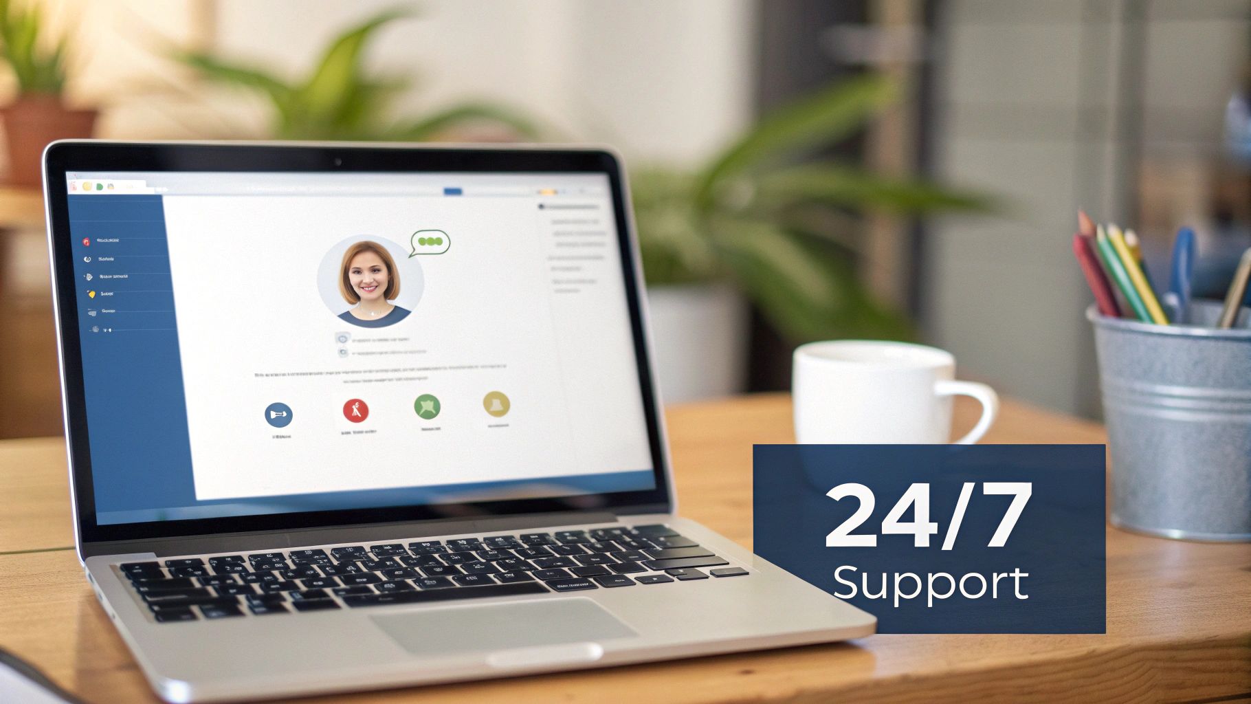 Laptop displaying customer service chatbot interface with profile photo and 24/7 support sign on desk