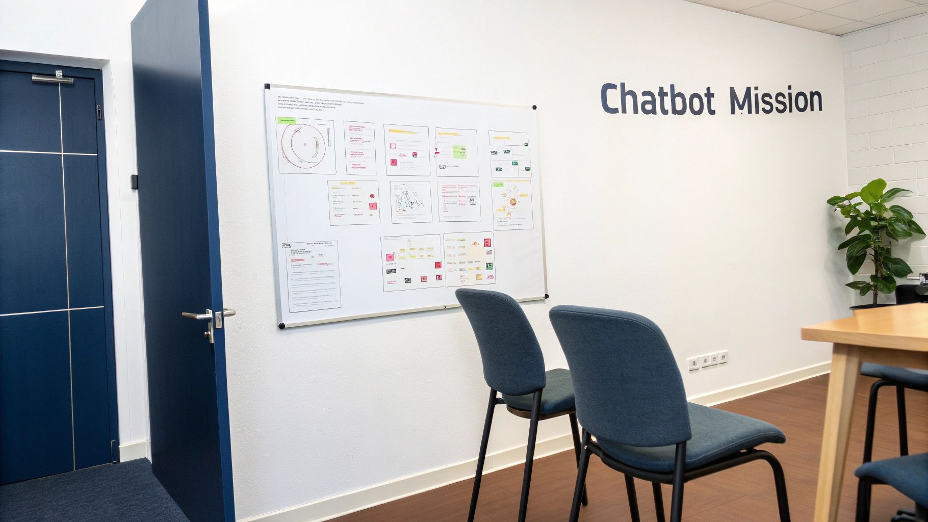 A person at a desk sketching out a plan for a chatbot on a piece of paper.