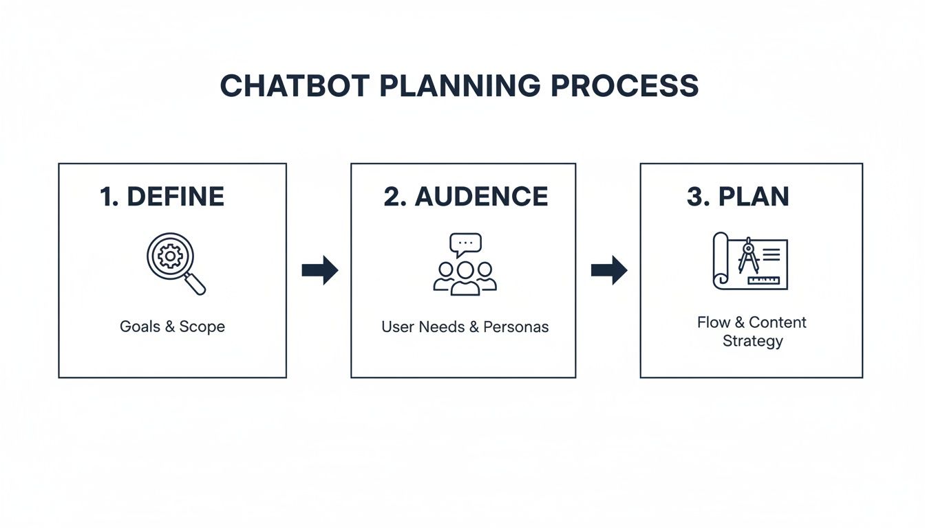 A three-step infographic showing the chatbot planning process, from defining goals to planning content strategy.