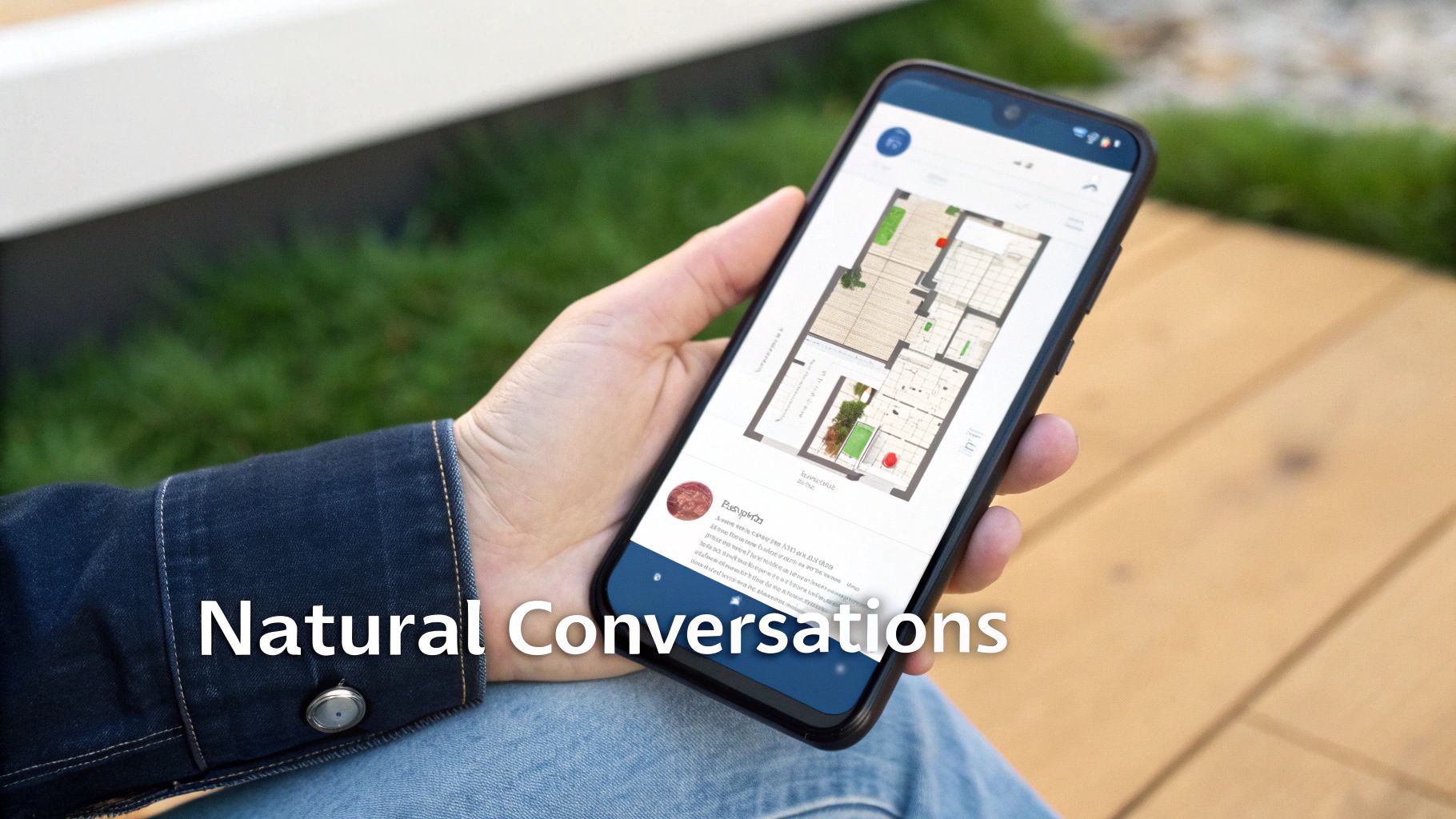 A hand holds a smartphone displaying a detailed floor plan for real estate, outdoors.
