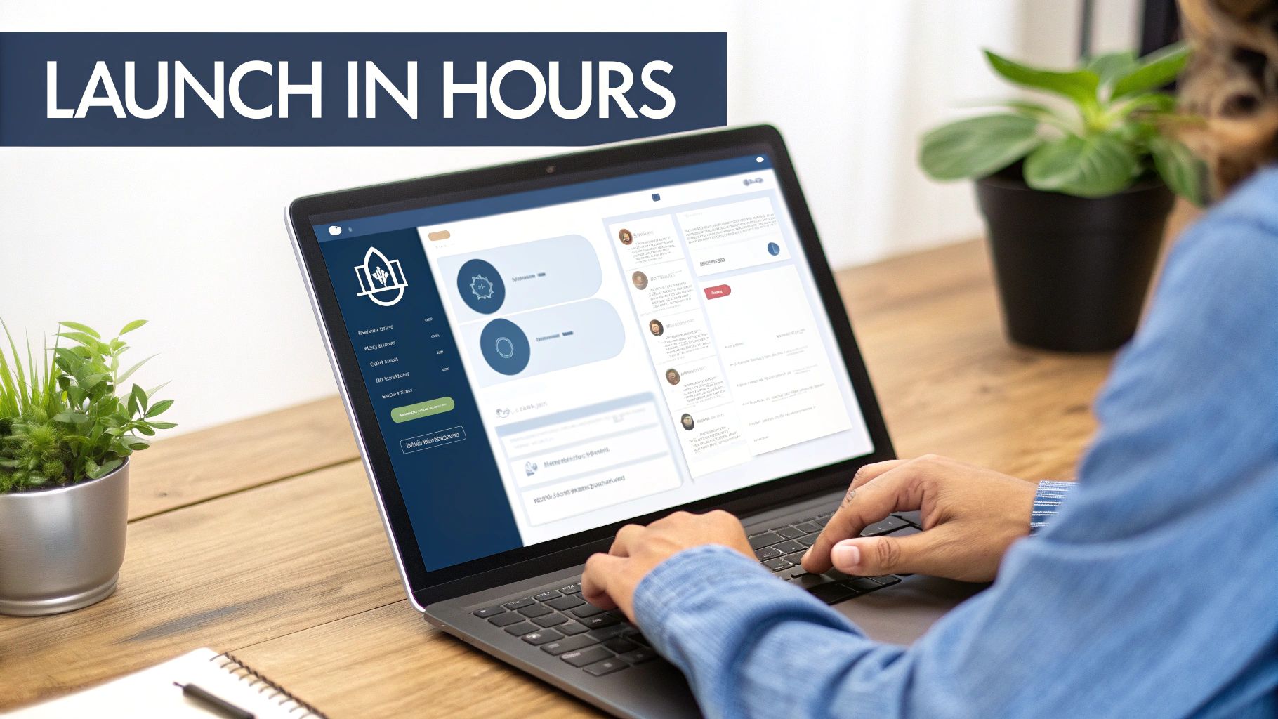 Person typing on a laptop with a modern web application dashboard on screen, 'LAUNCH IN HOURS' banner.