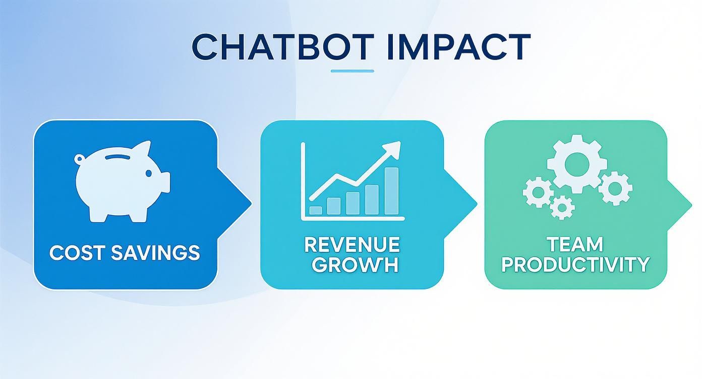 Three icons showing chatbot impact through cost savings, revenue growth, and team productivity benefits
