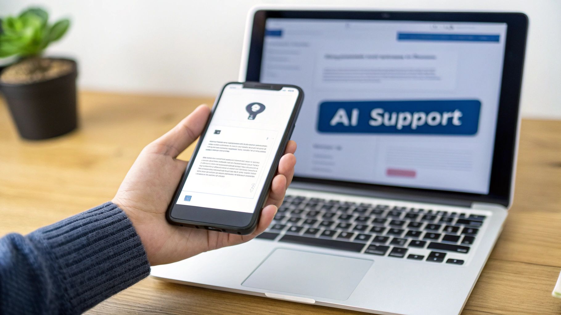 A hand holding a smartphone in front of a laptop displaying "AI Support".