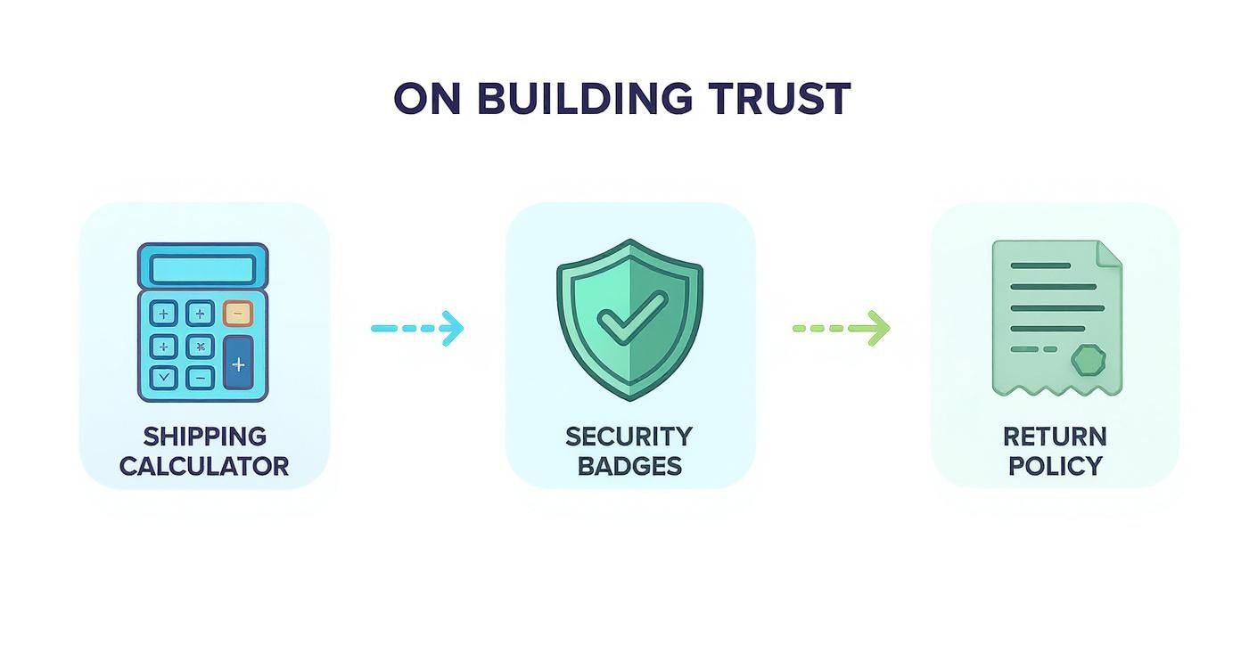 Three trust-building elements for ecommerce: shipping calculator, security badges, and return policy icons