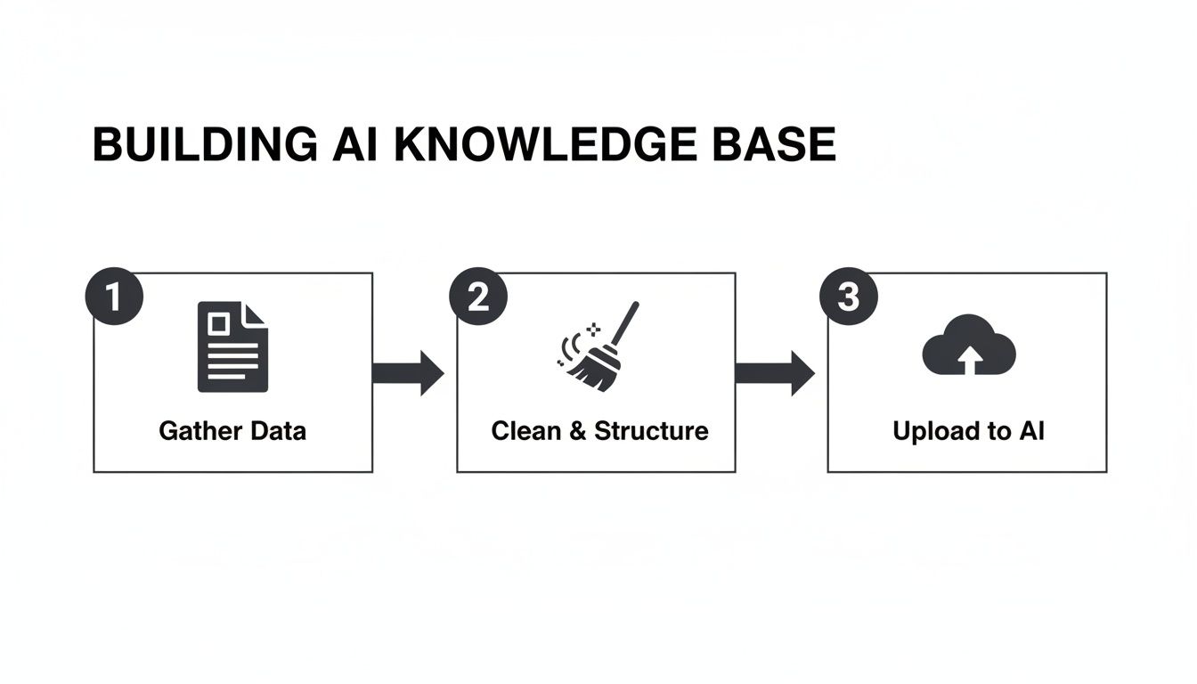 A diagram illustrating the three steps to build an AI knowledge base: gather data, clean and structure, and upload to AI.