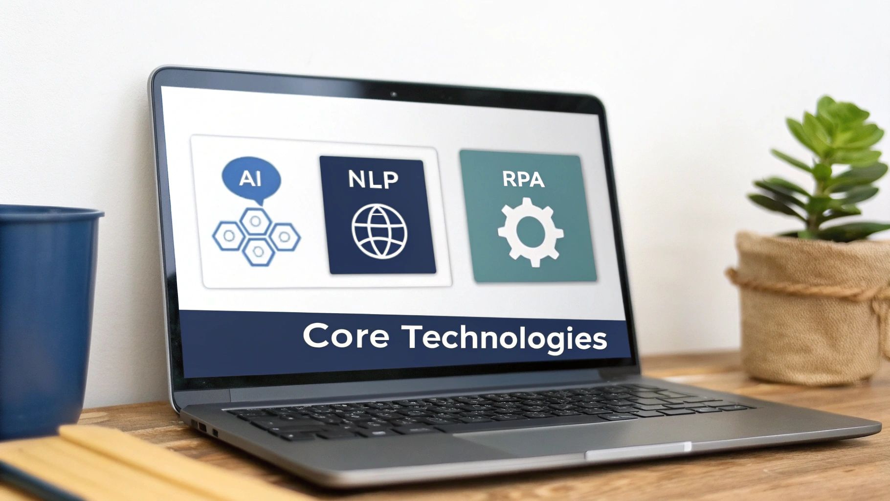 A laptop displaying core technologies AI, NLP, and RPA icons on a wooden desk with a blue cup and plant.
